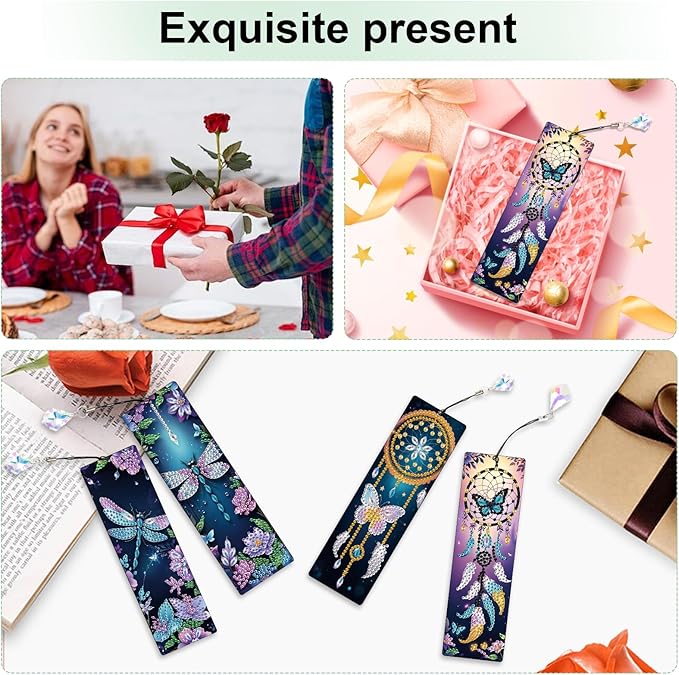 4 Pieces Dream Catcher Diamond Art Bookmarks Dragonfly Butterfly 5D Diamond Art Bookmark Tassel Beaded Book Mark for Graduation Birthday Reading Present DIY Making Beginners Adults Arts Craft Supplies