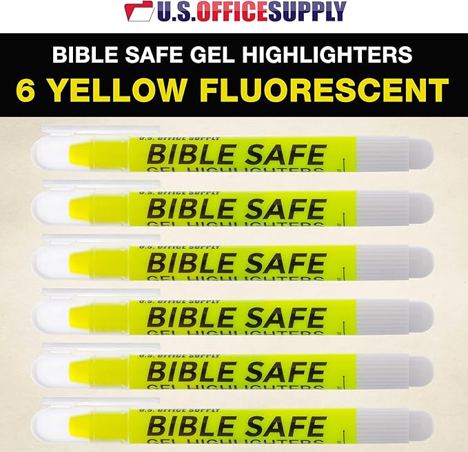 U.S. Office Supply 6 Pack of Yellow Bible Safe Gel Highlighters - Bright Neon Fluorescent Yellow Color Markers, Highlight On Any Paper - Won't Bleed, Fade or Smear - Twist-Up Design, Study Guide