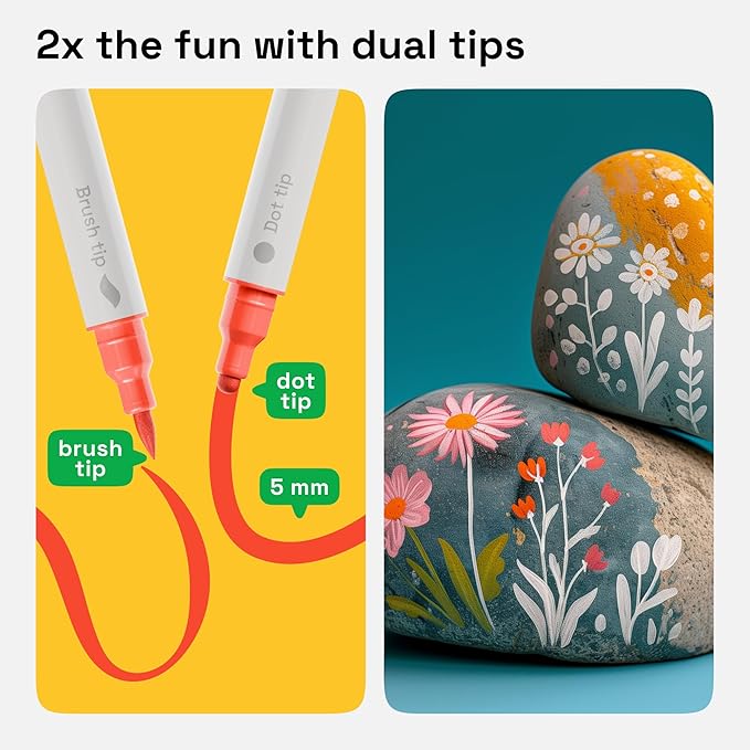 ARTISTRO 36 Acrylic Paint Markers for Fabric, Rocks, Paper, Wood, Canvas, Glass, DIY - Safe for Kids Dual Tip Acrylic Paint Pens (Dual Tip Dot + Brush, 36)