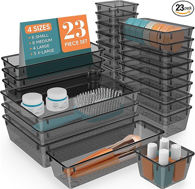 23 PCS Clear Plastic Drawer Organizers Set, 4 Size Desk Drawer Organizer Trays for Makeup, Jewelry, Kitchen Utensils, Gadgets and Office Accessories, Black