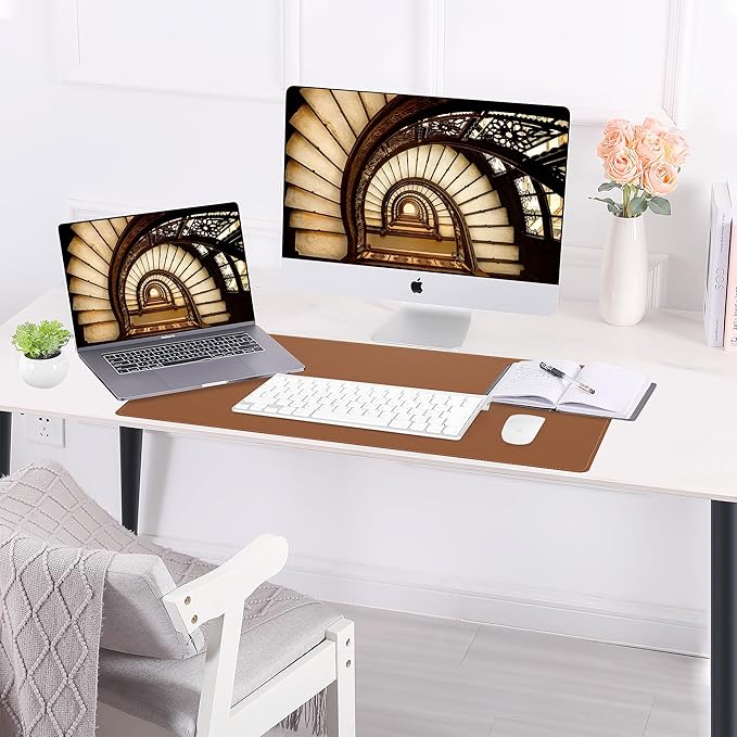 AFIING Dual-Sided Desk Pad, Natural Cork & PU Leather, Desk Mat Protector Non-Slip, Waterproof, Easy Clean,Large Mouse mats for Office and Home Work(Brown, 31.5"x17")