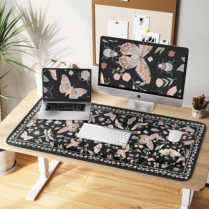 iLeadon Large Mouse Pad and Keyboard Wrist Rest,4in1 Desk Pad Set for Computer Keyboard,Long Floral Mouse Pad XXL+Cup Coaster with Non-Slip Base for Home Office,Black Insect