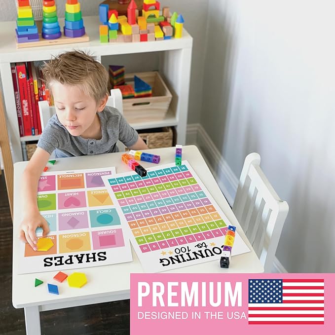 Hadley Designs 16 Educational Posters for Classroom & Kindergarten, Kindergarten Classroom Must Haves, Laminated PreK Learning Chart Materials US & World Map, ABC Alphabet, Shapes, Days of the Week