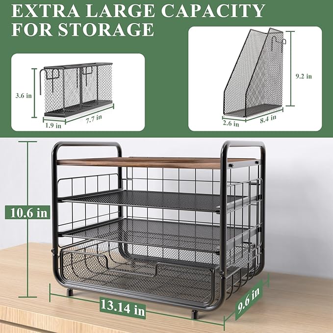 2025 New Large Capacity Desk Organizer with Drawer, Wooden 4-Tier Paper Organizer Letter Tray with File Holder and Pen Holders, Wooden Desk Accessories for A4 Paper Work Folder Storage (Style1)