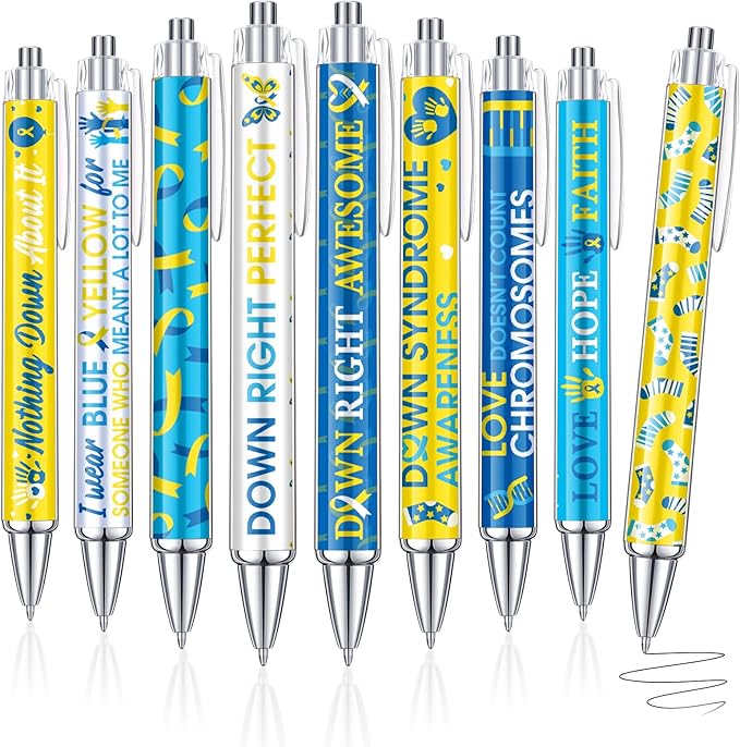 48 Pcs Down Syndrome Awareness Pens Blue Yellow Ribbon Awareness Ballpoint Pens Bulk Faith Courage Hope Strength Health Awareness Favor Gifts for Teen Social Charity Event