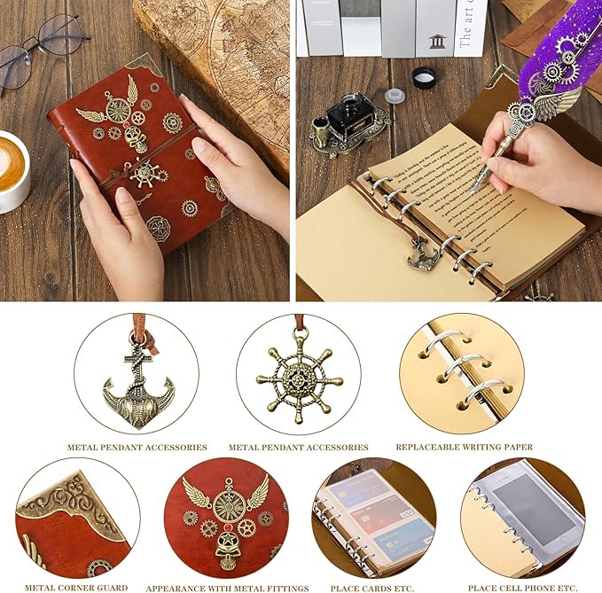 Quill Pen Ink Set, Feather Pen Ink Set With Quill Pen, Notebook, 5 Replaceable Nibs, Seal Stamp, Spoon, Wax Beads, White Wax, Ink, Pen Holder, Cup, Envelope, Letter Paper, Envelope Tool(Purple)