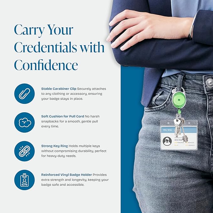 Will Well ID Badge Holders with Clip and Keyring - Horizontal Clear Plastic 3.7" x 2.5" Sleeves Fit Up to 3 Cards - Retractable 24" UHMWPE Fiber Pull Cords - 2-Pack, Transparent Green Reels