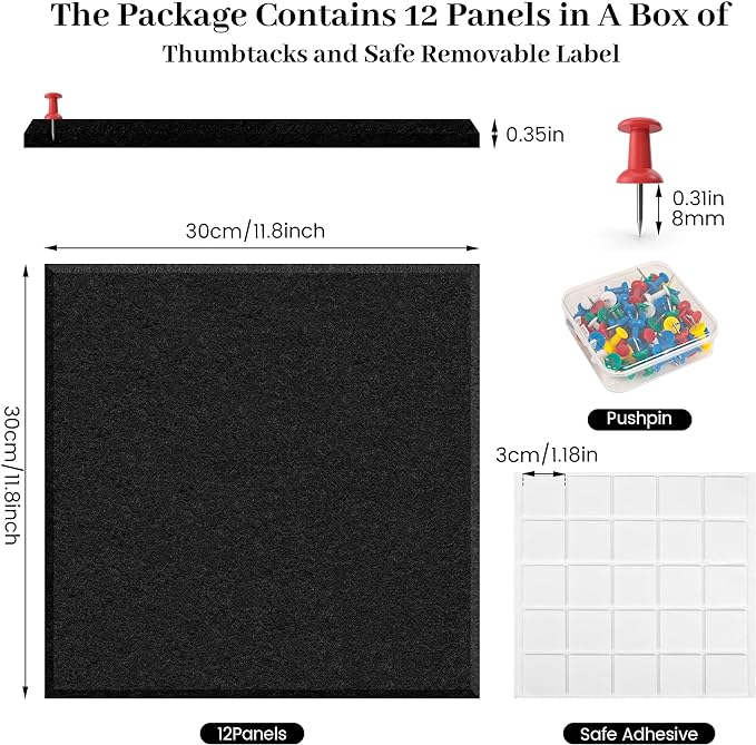 Large Office Cork Board Alternative - 47"x35"12 Pack Felt Wall Tiles Self-Adhesive Safe Removable No Damage for Wall Pin Board Tack Board Felt Cork Board for Walls or Office 48 x 36