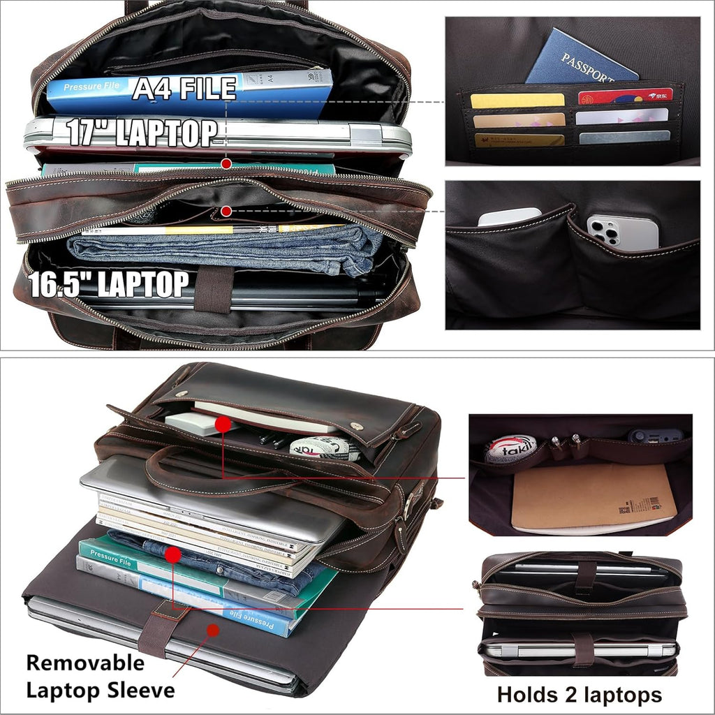 Masa Kawa Leather Briefcase for Men 15.6" - 17" Laptop Computer Case Business Travel Work Messenger Cross Body Shoulder Bag