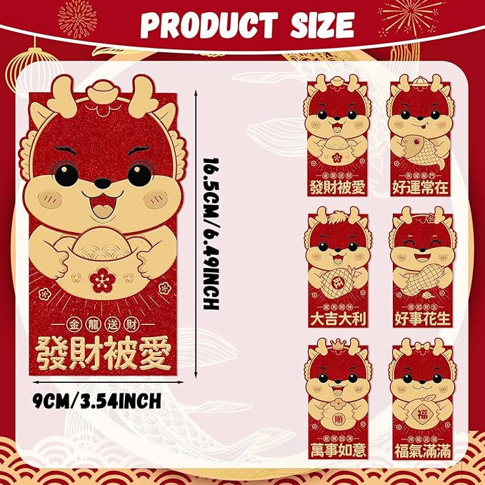 36 Pcs Chinese Dragon Red Envelopes 2024 Lunar New Year Money Envelopes Hong Bao Red Pocket Envelope for Money Year of the Dragon 2024 Gifts for Spring Festival Wedding Birthday