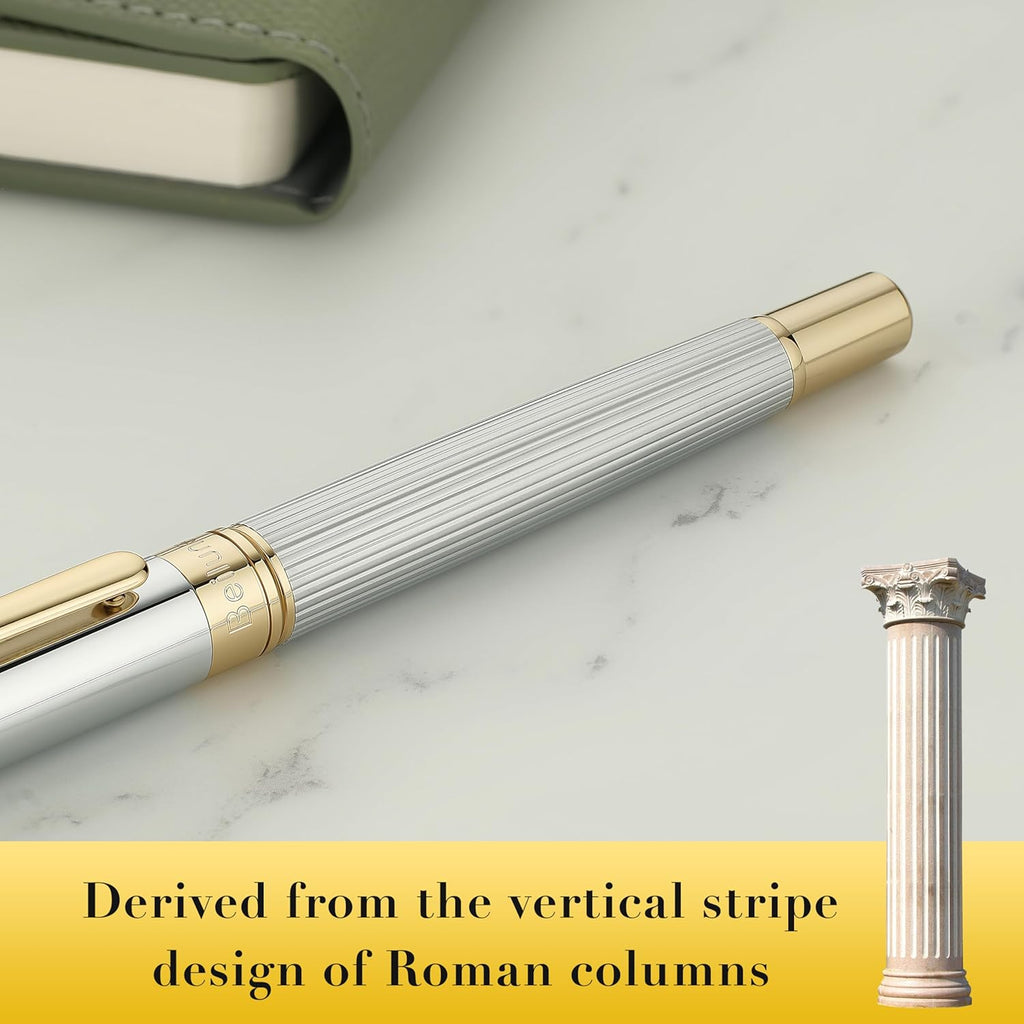 BEILUNER Lighthouse series Rollerball pen, Silver Chrome pen body, exquisite vertical lines, Schneider 850 refill, suitable for men, office, professionals, exquisite and chic designer pen