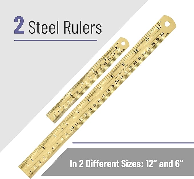 Mr. Pen- Steel Rulers, 2 Pack, 6" and 12", Gold, 6 Inch Ruler Metal Rulers, Small Metal Ruler 6 Inch Metal Ruler Thin Flat, Stainless Steel Ruler 12 Inch, Centimeter Ruler, Steel Ruler 12 Inch