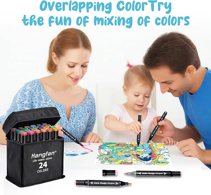 24 Colors Coloring,Markers for Kids,Dual Brush Tip Markers,Give 1 White Highlighter,1 Tracing Pen,Drawing, Sketching, Card Making and Illustration (Black Pen Container)