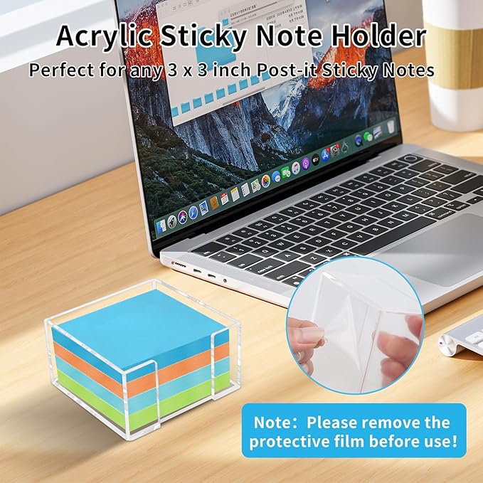 Acrylic Sticky Note Holder - 3 x 3 Inch Post It Note Holder, Crystal Clear Sticky Note Dispenser for Dorm Room Home and Office Acrylic Desk Organizer