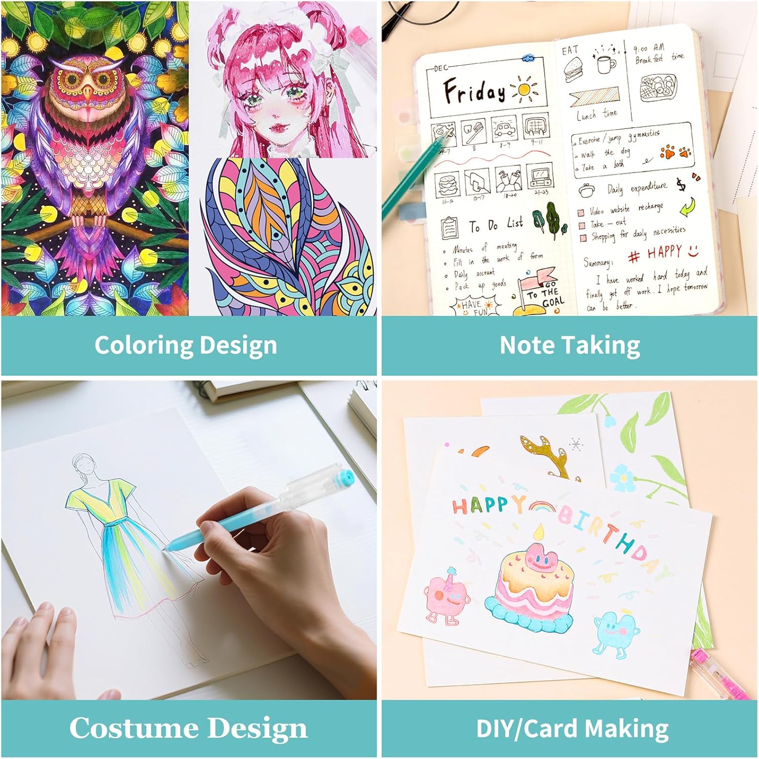 Gel Pens For Coloring, 18 Pack Colored Pens for Black Paper & White Paper, 0.6MM Fine Point Pens for Coloring, Writing, Drawing, Journaling, Note Taking, School, Office, Home