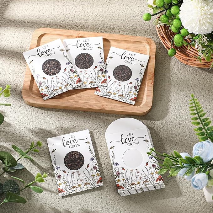 Fumete 100 Pcs Let Love Grow Seed Packets Wedding Favor for Guests Bulk Seed Envelope Kraft Bag with Window Flower Resealable Seed Storage Packets for Wedding Party Favors Bridal Shower No Seed