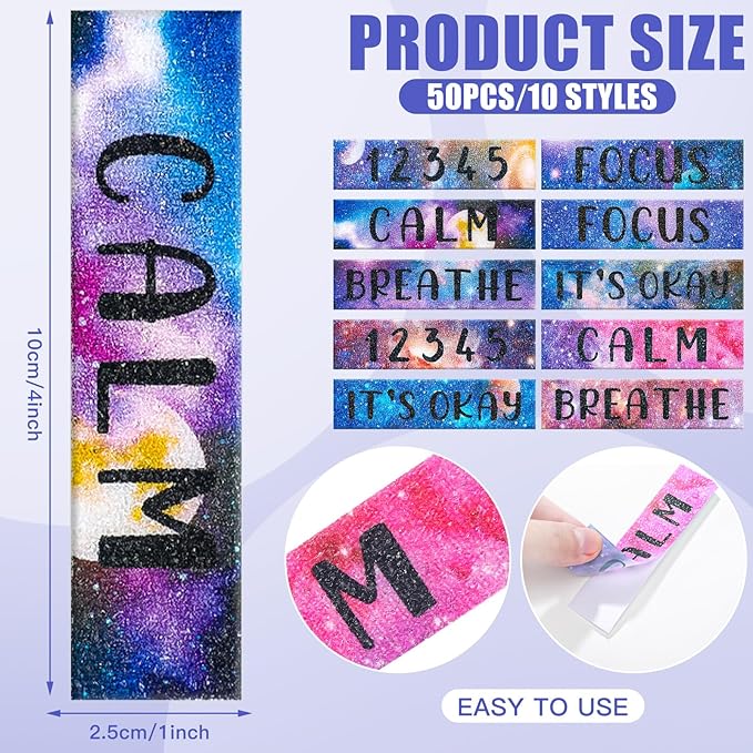 Laumoi 50 Pcs Anxiety Sensory Stickers Textured Calming Strips Tactile Rough Sensory Calm Stickers Adhesive Textured Tape Fidget Pack Anti Stress Strips for Adults(Starry Sky Style)