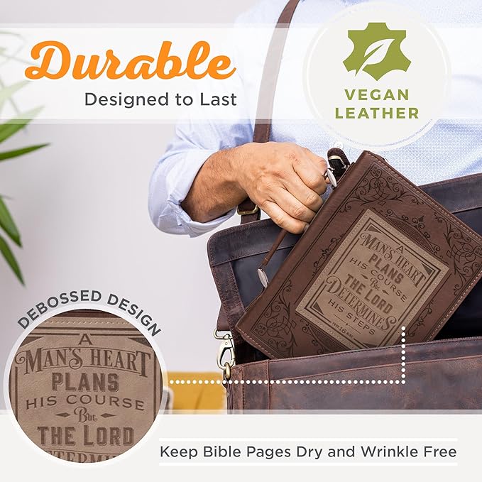 Christian Art Gifts Men's Classic Bible Cover A Man’s Heart Proverbs 16:9, Brown/Tan Faux Leather, Large