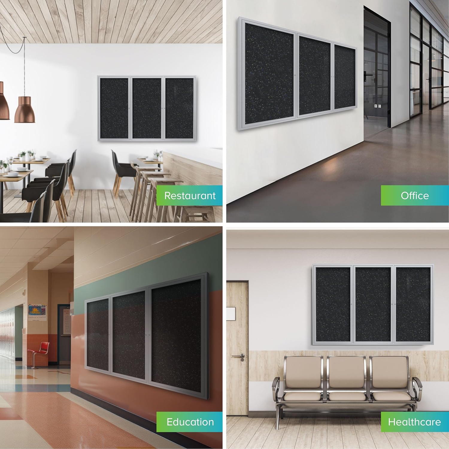 Ghent 48" x 72" 3-Door indoor Enclosed Recycled Rubber Bulletin Board, Shatter Resistant, with Lock, Satin Aluminum Frame,Confetti (PA346TR-CF),Made in the USA