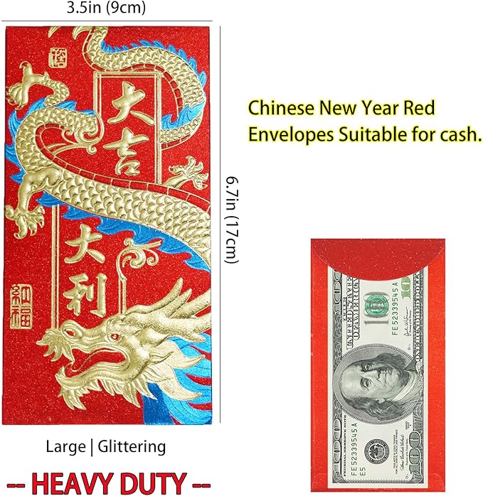 Chinese New Year Red Envelopes 2024 Dragon Lucky Money Envelopes Hongbao 红包 Laisee Embossed Foil Chinese Lunar Envelopes for Spring Festival (6 Patterns 36 Pcs)