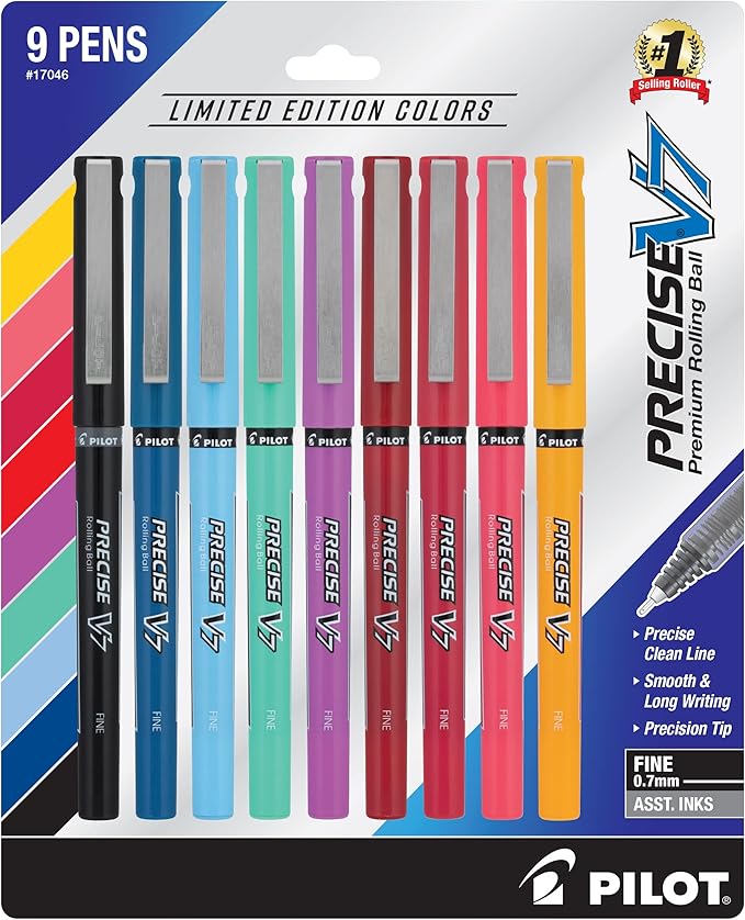 Pilot, Precise V7, Capped Liquid Ink Rolling Ball Pens, Fine Point 0.7 mm, Limited Edition Assorted Colors, Pack of 9