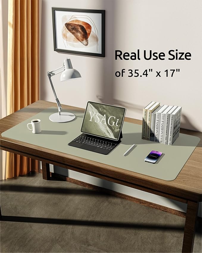 YSAGi Leather Desk Protector, Office Mat, Large Mouse Mat, Non-Slip PU Leather Blotter, Laptop Pad, Waterproof Writing Pad for Office and Home (Sage Green, 35.4" x 17")