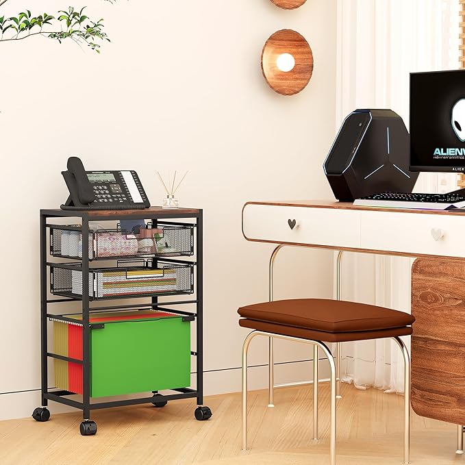 EasyPAG Rolling File Storage Drawer Cart with Wheels Letter & Legal Size Hanging File Folder Rack Mobile File Folder Rack with Pull-Out Drawer for Home Office 1 Folder Rack and 2 Small Drawers, Black