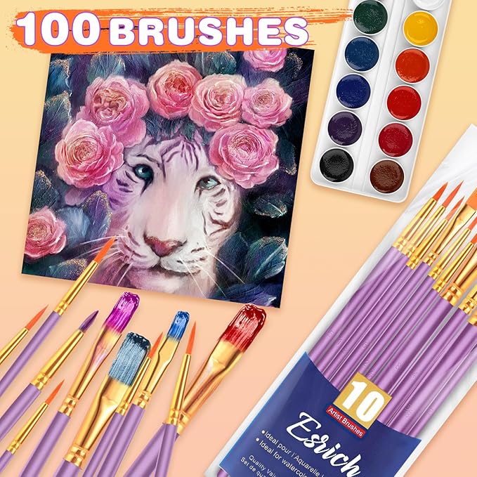 ESRICH Acrylic Paint Brushes Set, 10 Packs/ 100 Pcs Watercolor Brushes,Nylon Brush Head, for Oil Painting, Gouache, Face,Ceramics etc, Kid's and Adults Painting Arts and Crafts Paint Sets.