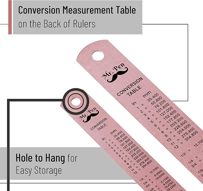 Mr. Pen- Steel Rulers, 2 Pack, 6" and 12", Rose Gold, 6 Inch Ruler Metal Rulers, Small Metal Ruler 6 Inch Metal Ruler Thin Flat, Stainless Steel Ruler 12 Inch, Centimeter Ruler, Steel Ruler 12 Inch