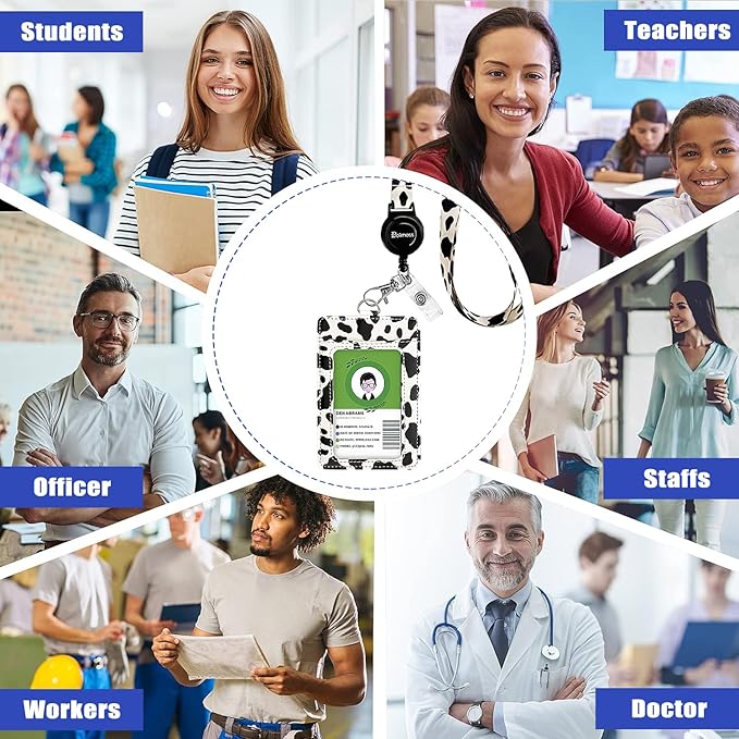 bolimoss Cow Print Lanyards for ID Badges Holder, Leather ID Name Badge Card Holder with Adjustable Retractable Lanyard,Quick Release Buckle & Safety Breakaway Lanyards with Swivel Metal Clasp