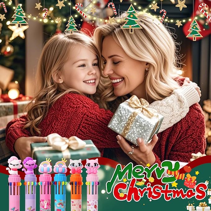 Multicolor Ballpoint Pen 0.7 mm, 10-in-1 Colored Pens Fine Point Retractable Cute Cartoon Cat Ballpoint Pens for Office School Students Kids Christmas Gift, 6 Pack