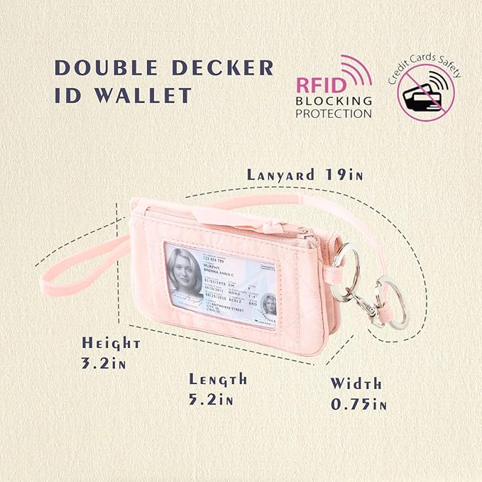 WONDERFUL FLOWER Card Holder, RFID Blocking, ID Holder with Lanyard for Women, Dual Pockets, Badge Holder, Lanyard Wallet, Fabric Keychain ID Pouch, Pink