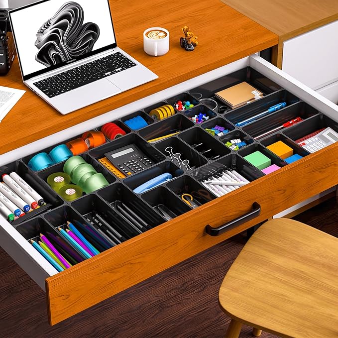 7 Pcs Plastic Drawer Organizer Set,4 Size Small Storage Containers for Organizing Jewelry,Utensil,Junk,Tea,Makeup,Shallow Drawer Organizers Tray Suitable for Office,Desk,Bathroom,Vanity,Kitchen,Black