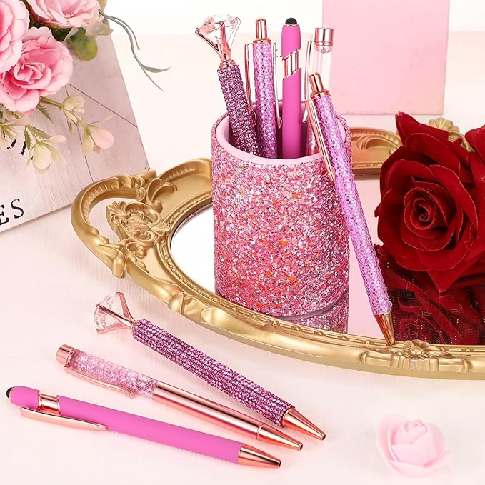 Sabary 8 Pcs Ballpoint Pens with Pen Holder for Desk Glitter Crystal Diamond Fancy Pencil Holder Bling Desk Organizer Cute Stationery Supplies for Women Girls Wedding Office School Gifts(Shiny Pink)