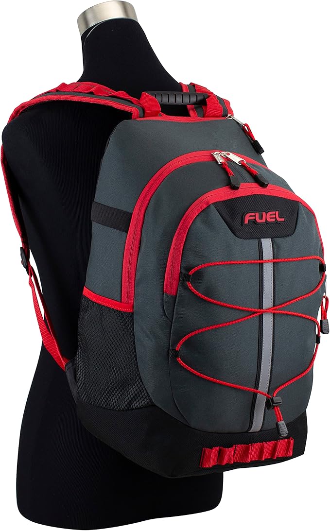 FUEL Hiking Backpack for Women Men Terra Sport, Travel, College, Gym, Work with Laptop Sleeve, Bungee, 18 Inches, Black Red Graphite