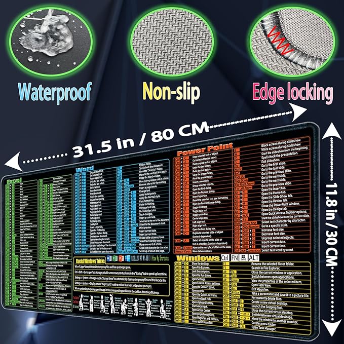Excel/Word/Power Point/Windows Mouse pad,Non-Slip&Waterproof Large Gaming Office pc Desk mat(XL 31.5 x 11.8 in),Over 200 Keyboard Shortcuts Mousepad