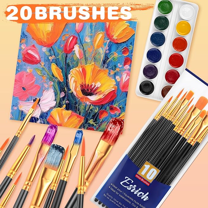 ESRICH Paint Brushes Set,2 Packs 20 Pcs Acrylic Paint Brush Set,Watercolor Oil Acrylic Nylon Hair Brushes,Artist Paintbrushes for Acrylic Oil Watercolor Painting Artist Professional Kits,Black