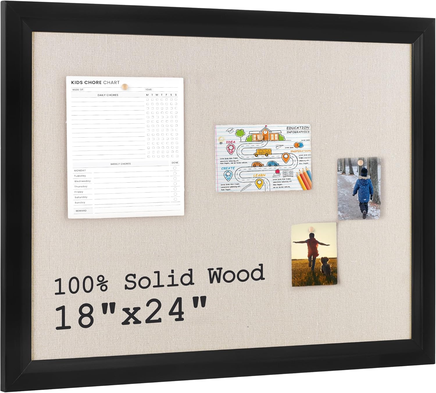 Bulletin Board Cork Board with Linen, 100% Wood Framed 18" x 24" Bulletin Board Decorations, Pin Boards for Walls, Wall Mounted Fabric Picture Board with 10 Pushpins for School, Home & Office, Black
