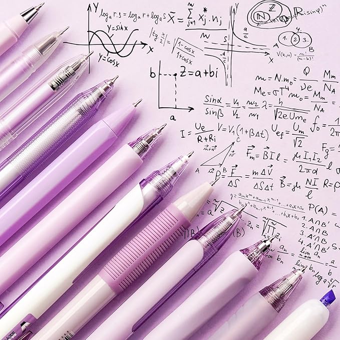 Four Candies 12Pack Pastel Gel Ink Pen Set, 11 Pack Black Ink Pens with 1Pack Highlighter for Writing, Retractable 0.5mm Fine Point Cute Note Taking Pens for School Office (Purple)