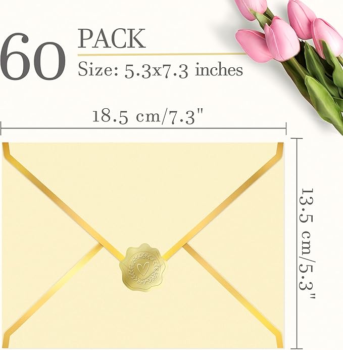 60 Pack Gold Envelopes 5x7 Bulk, 250G Pearled Cardstock A7 Envelopes for Invitations Business Mailing Envelope with Gold Foil Border, A6 4x6 Envelopes for Wedding Baby Shower Cards (Gold)