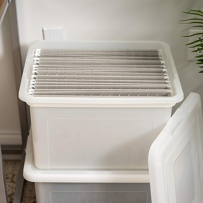 IRIS USA File Box File Organizer Plastic File Box for Letter/Legal File, BPA-Free Plastic Storage Bin Tote Organizer with Durable and Secure Latching Lid, Stackable, Nestable, Pearl 35 Qt. 4 Pack