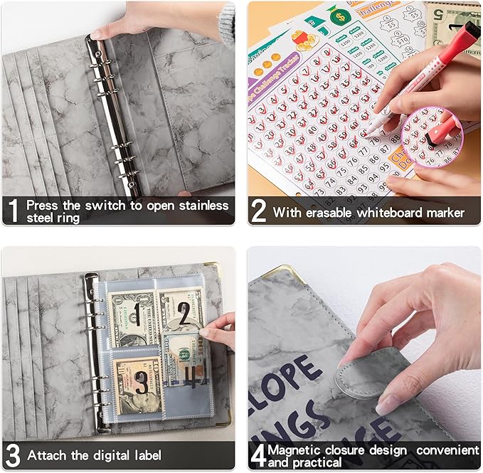 100 Envelopes Challenge Binder Savings Challenges Book, A5 Money Saving Planner Cash Envelope Budget Binder with Erasable Pen, Easy and Fun Way to Save $5,050, 10,000 and $500 (Marble Gray)