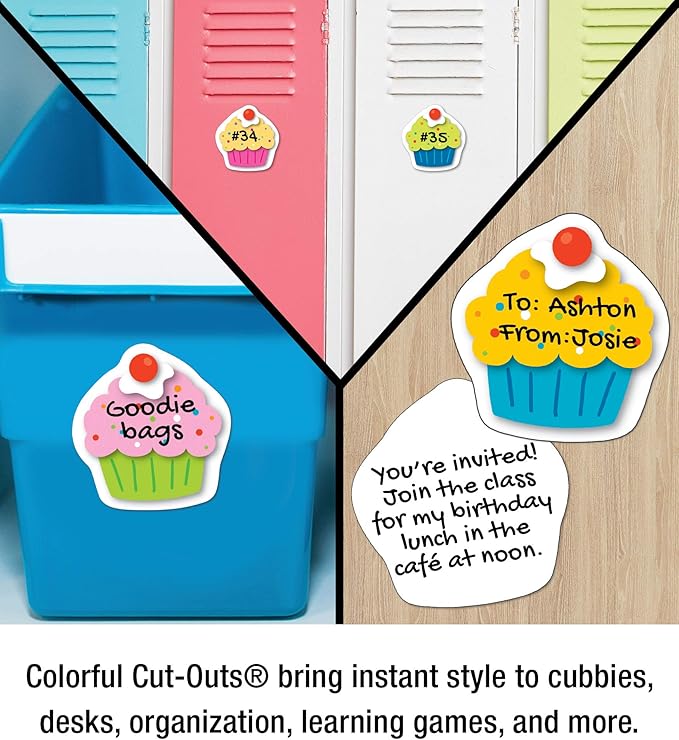 Carson Dellosa 36 Cardstock Colorful Cupcakes Cutouts, Birthday Bulletin Board Decorations, Cupcake Cutouts for Bulletin Boards, Birthday Cupcake Cutouts for Birthdays, Happy Birthday Classroom Décor