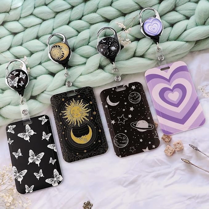 ID Badge Holder with Lanyard & Retractable Badge Reel Cute Key Lanyard for Women Men Girls for ID Badges Aesthetic Nurse Keychain Neck Lanyard for Keys, Cool Goth Moon Sun Reel Car Key Lanyard