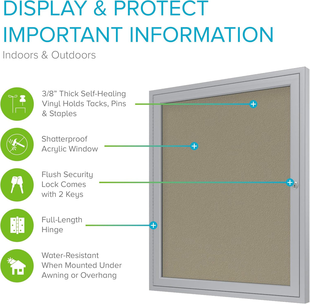Ghent 36"x24" 1-Door Outdoor Enclosed Vinyl Bulletin Board, Shatter Resistant, with Lock, Satin Aluminum Frame - Caramel, Made in the USA (PA13624VX-181)