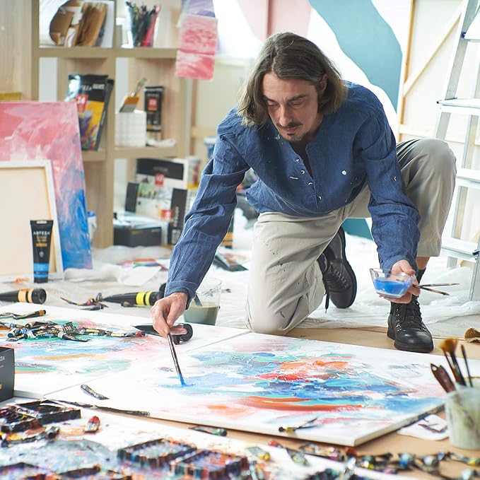 ARTEZA Paint Brushes, Set of 12, Premium Synthetic Brushes with Brass Ferrules & Wooden Handles