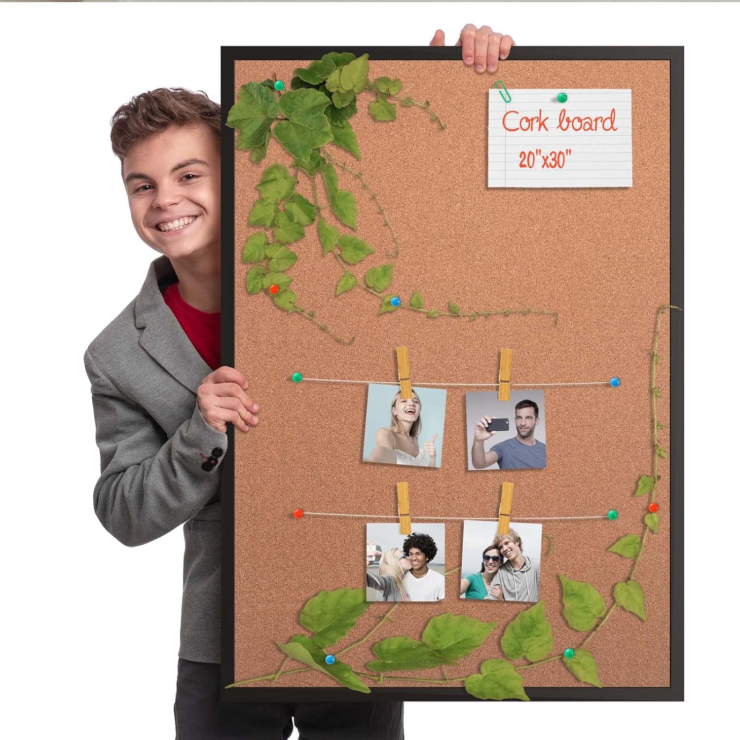 Board2by Cork Board Bulletin Board 20“ x 30”, Black Wood Framed Corkboard, Office Board for Wall Cork, Large Wall Mounted Notice Pin Board with 16 Push Pins for School, Home & Office