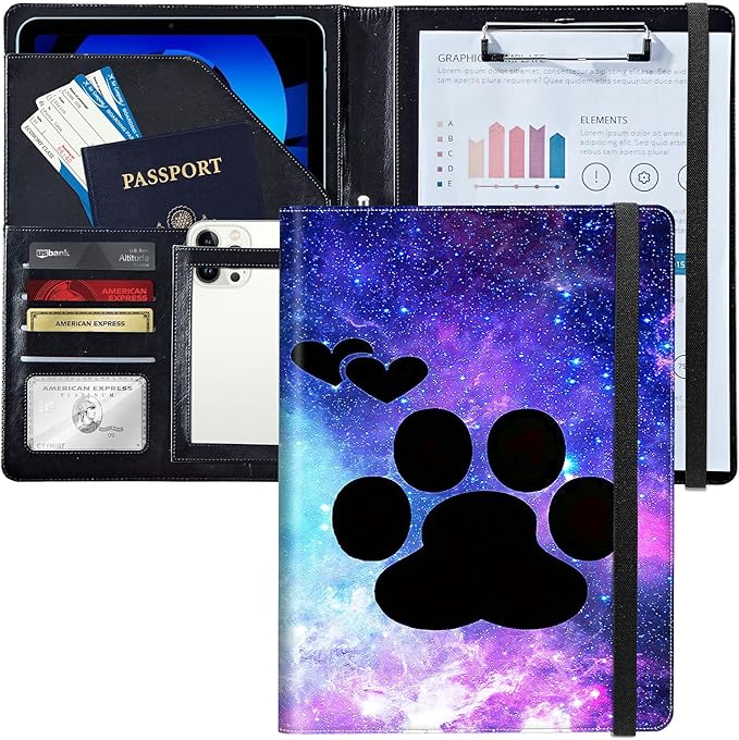 PU Leather Padfolio Folder Clipboard Portfolios Organizer Conference Document Organizer with Business Card Holder Storage Clipboard Writing Pad,Animals Dog Paws Galaxy