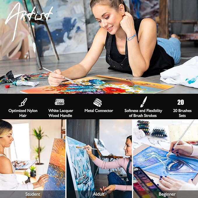 Paint Brushes Set, 20 Pcs Paint Brushes for Acrylic Painting, Oil Watercolor Acrylic Paint Brush, Artist Paintbrushes for Body Face Rock Canvas, Kids Adult Drawing Arts Crafts Supplies, White