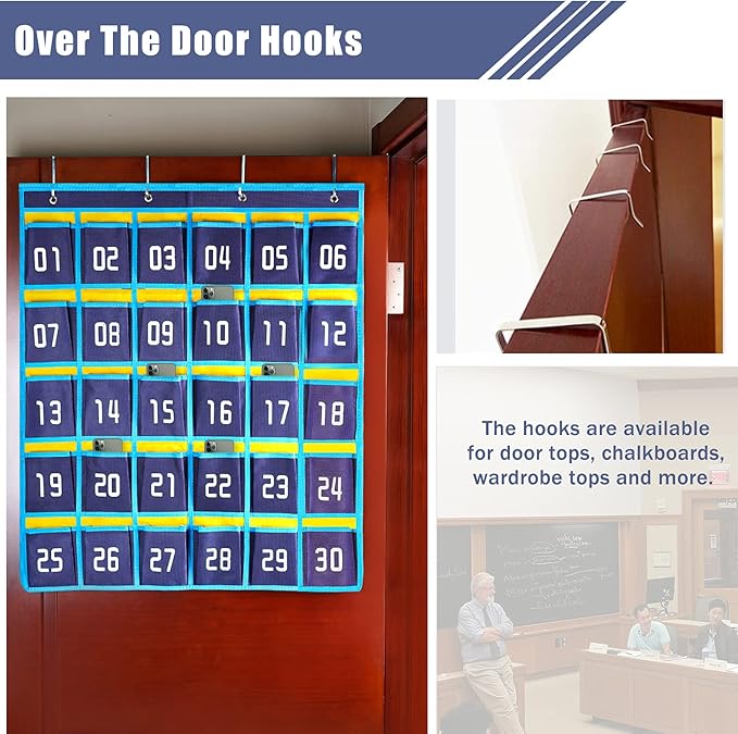 Loghot Numbered Classroom Sundries Closet Pocket Chart for Cell Phones Holder Wall Door Hanging Organizer (30 Pockets Blue)
